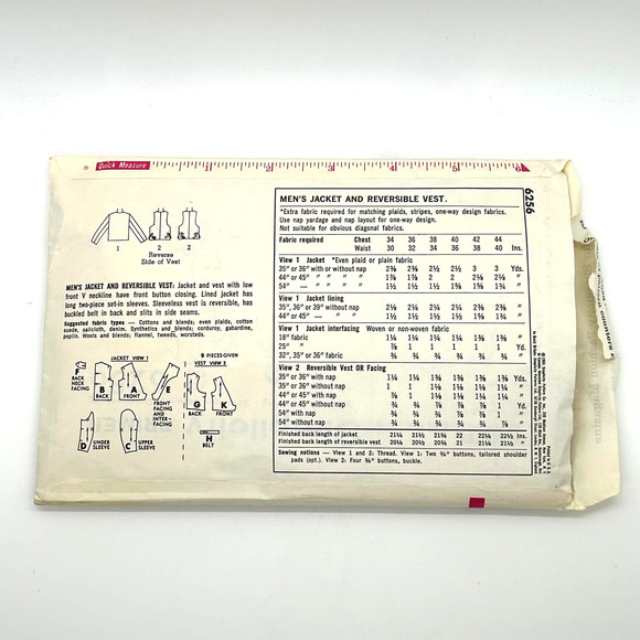 Simplicity Vintage 1960's Pattern #6256 Men's Jacket & Reversible Vest Size 40 - Picture 6 of 6